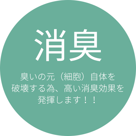 臭いの元（細胞）自体を破壊する為、高い消臭効果を発揮します！！